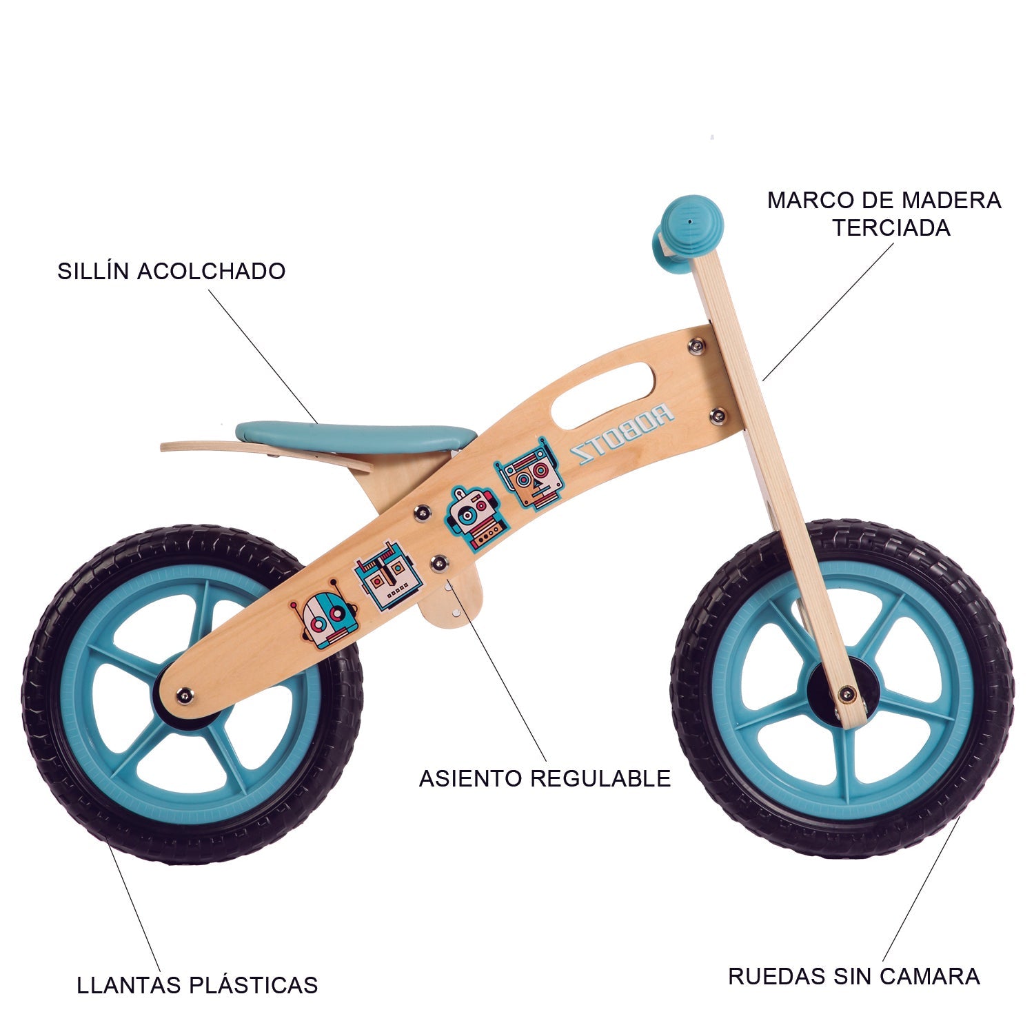 Balance Bike Bicicleta de Equilibrio Aprendizaje Madera Robot Celeste