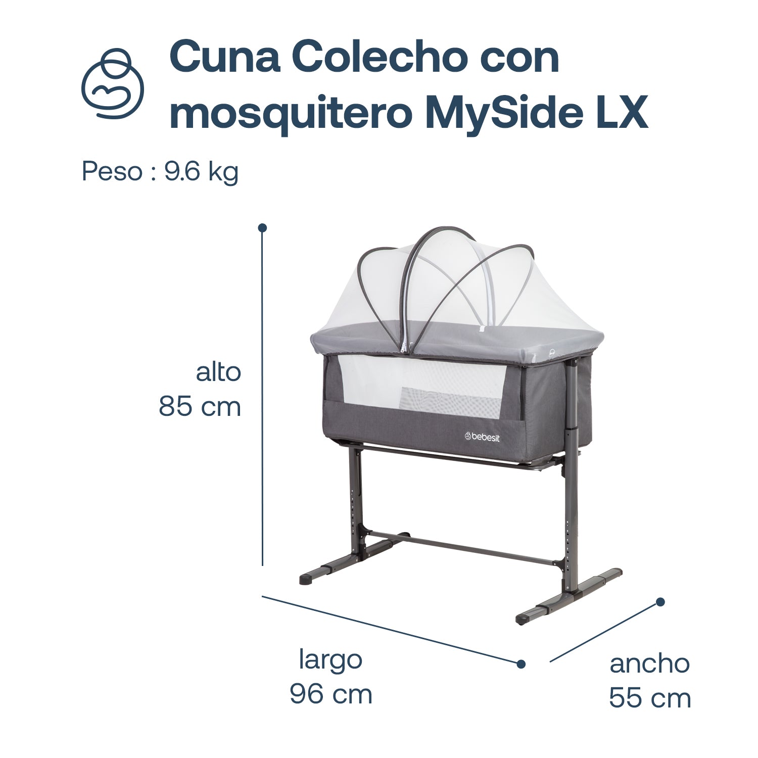 Cuna Colecho con Mosquitero MySide LX Gris Bebesit