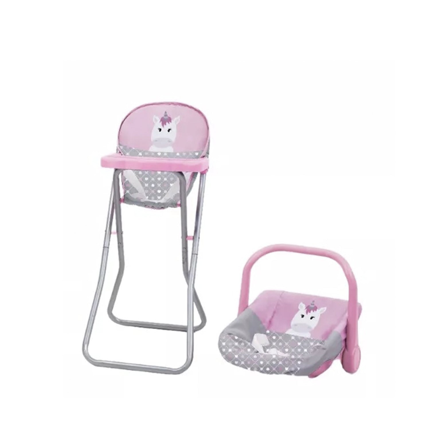 Coche Travel System de juguete para Muñeca + Silla de Comer + Cuna Unicornio Rosa