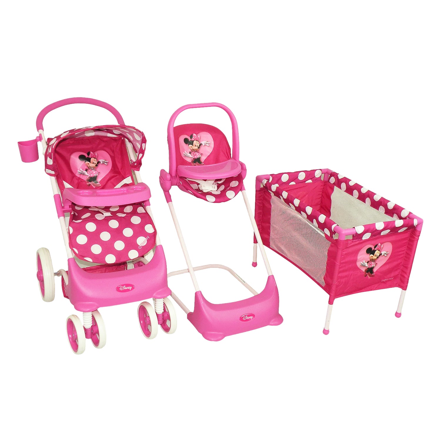 Juguete Muñeca Coche Travel, cuna y silla comer Minnie