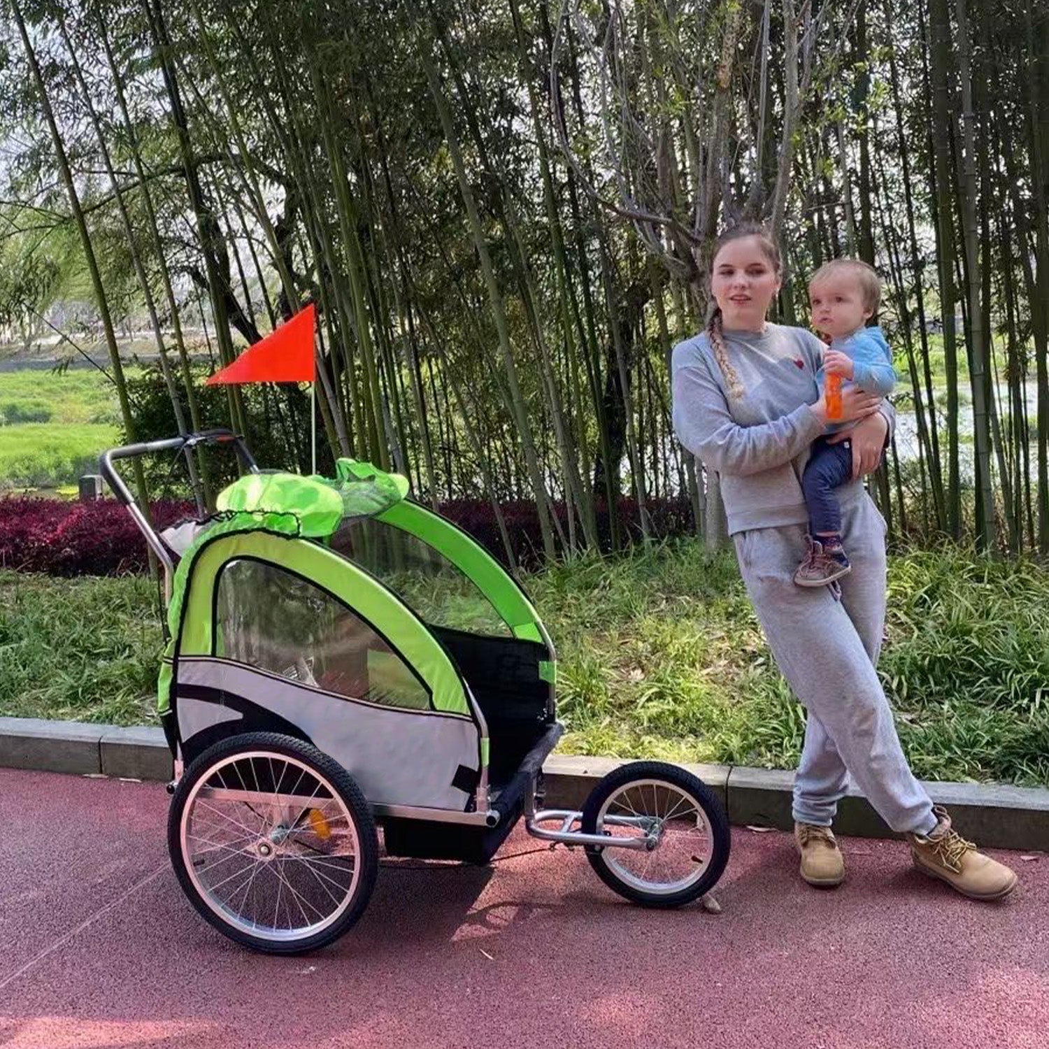 Carro arrastre trailer para bicicletas 2 niños BeRide Verde