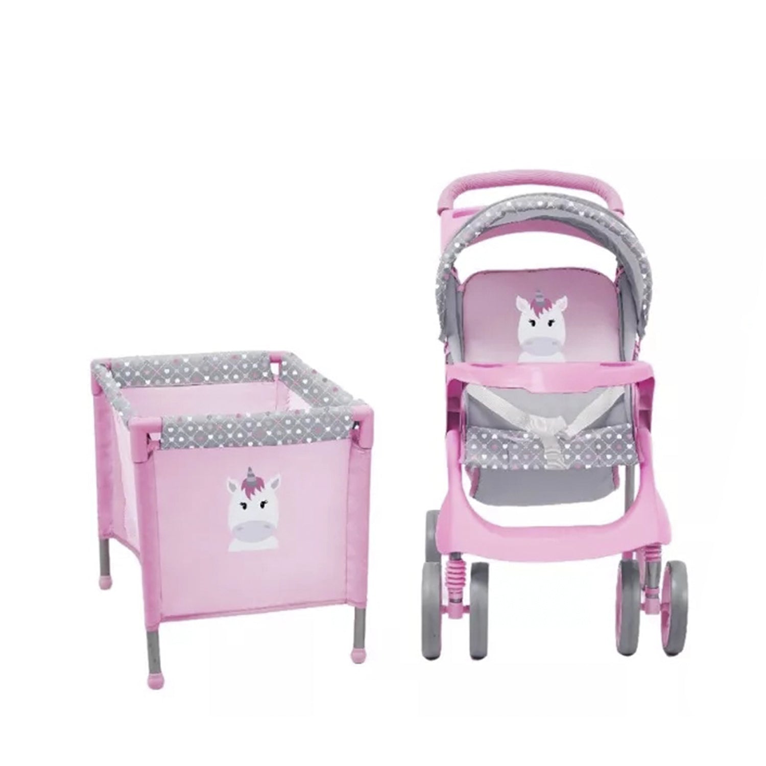 Coche Travel System de juguete para Muñeca + Silla de Comer + Cuna Unicornio Rosa