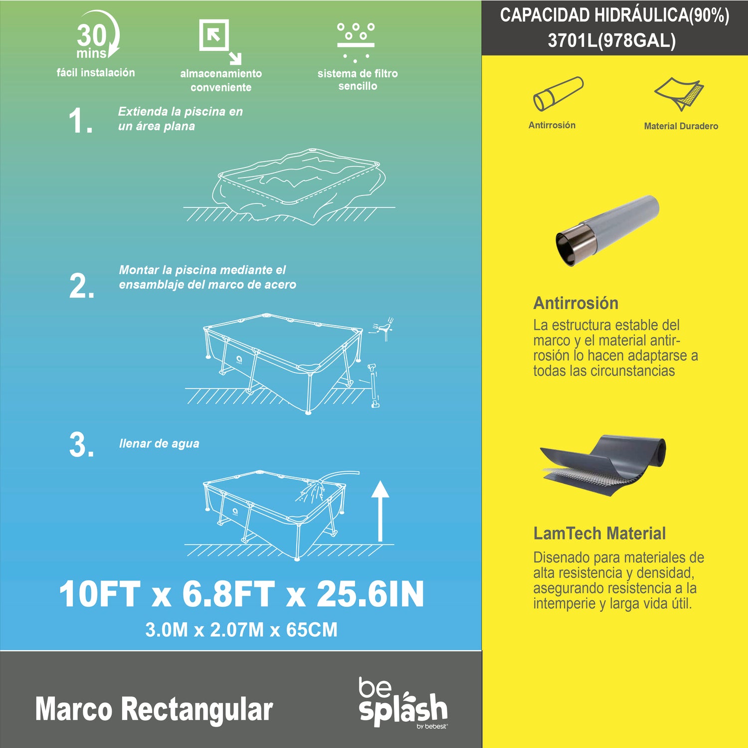 Piscina Estructural con FiltroSkimmer 300x207x65cm BeSplash