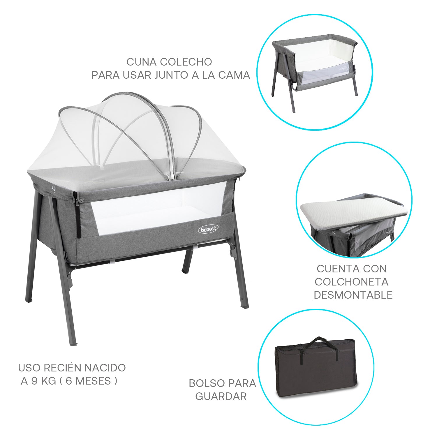Cuna Colecho Easy LX con Mosquitero Gris