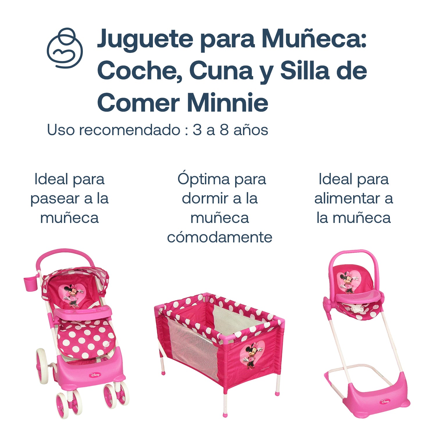 Juguete Muñeca Coche Travel, cuna y silla comer Minnie