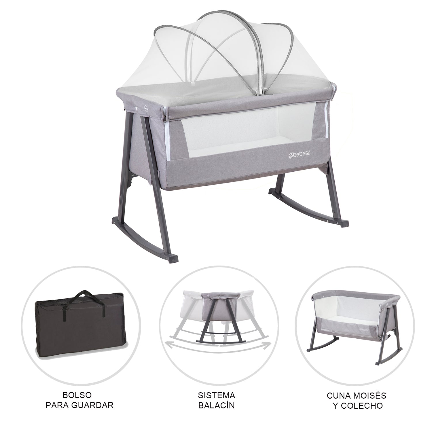 Cuna Moisés Balancín con Mosquitero Gris Bebesit