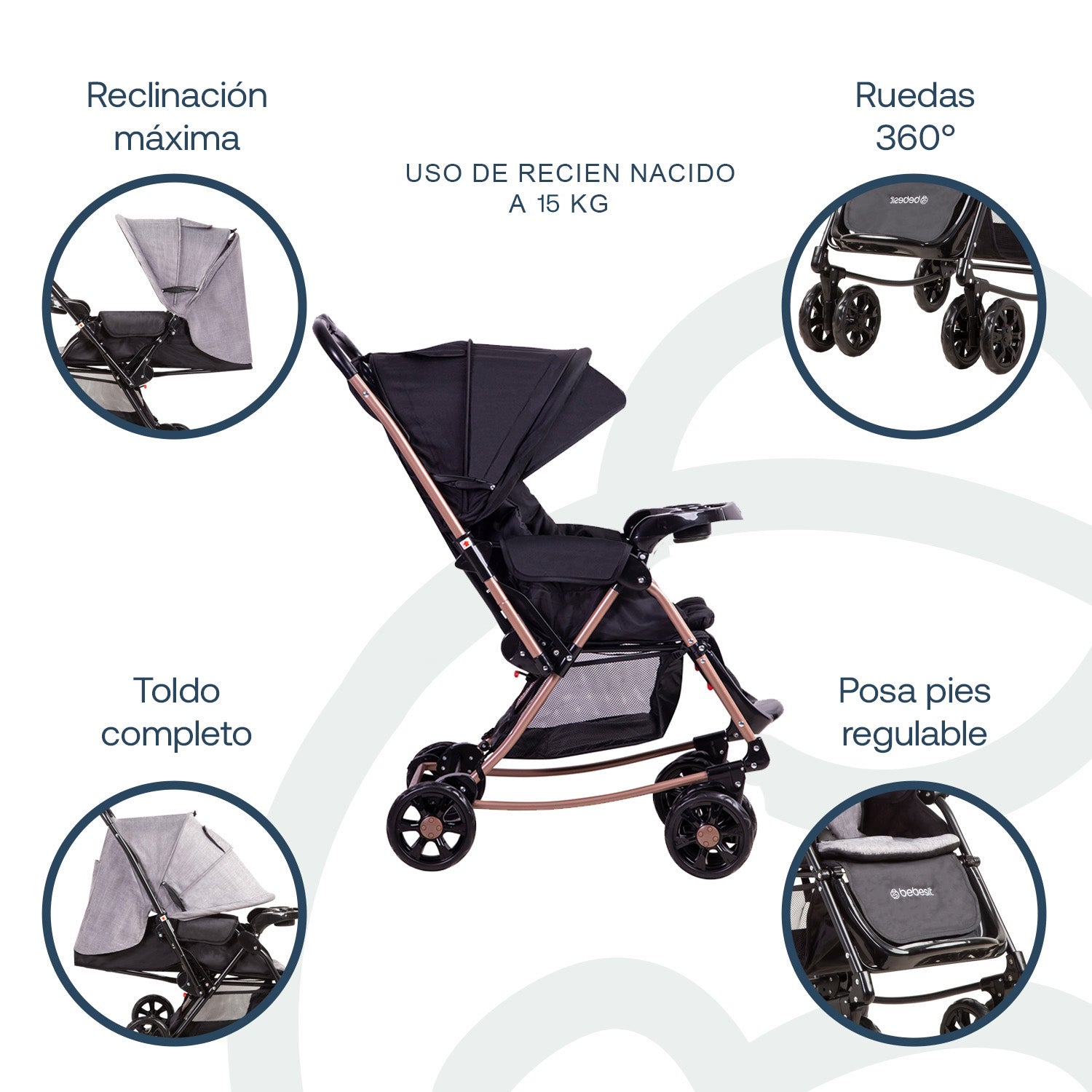 Coche Cuna Paseo Balancin SX Negro Dorado Bebesit
