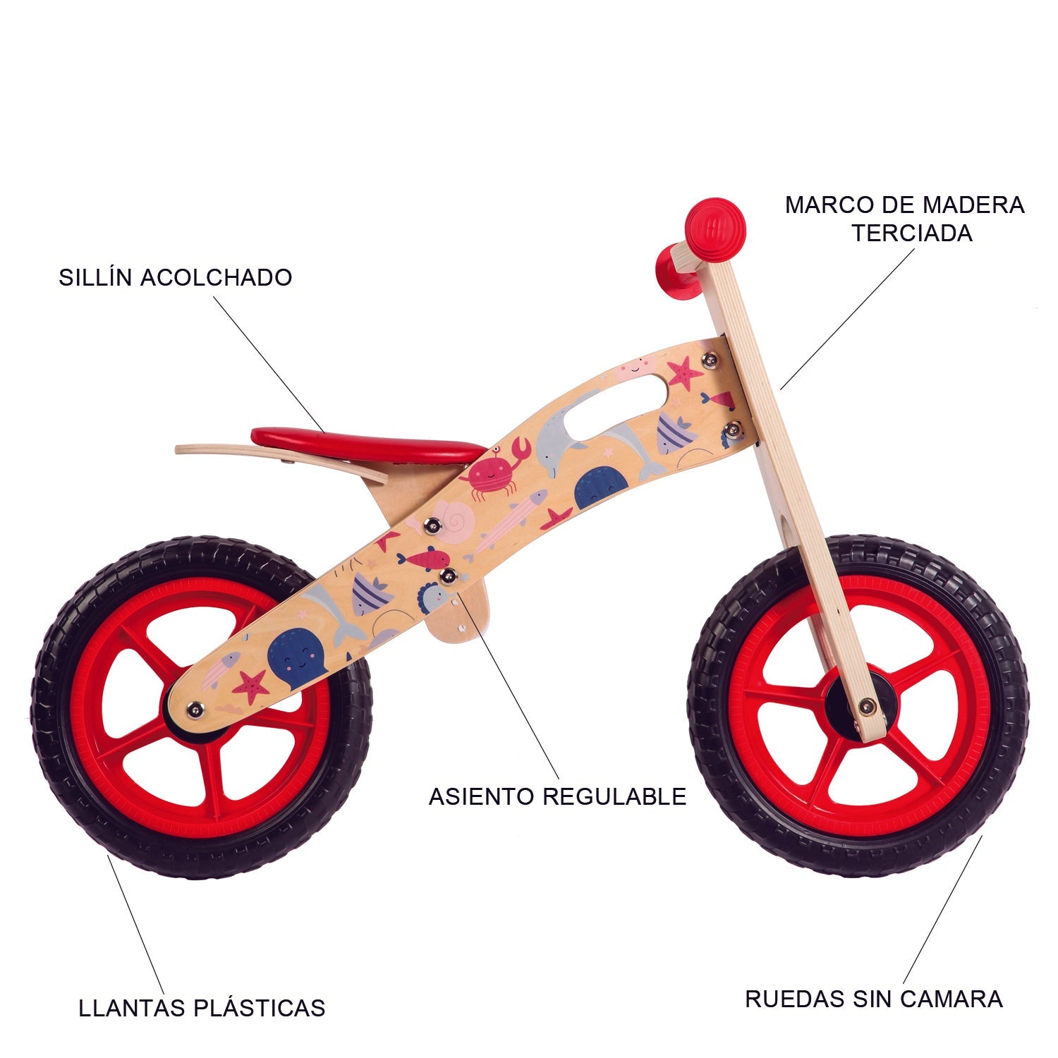 Balance Bike Bicicleta de Equilibrio Madera Océano Rojo