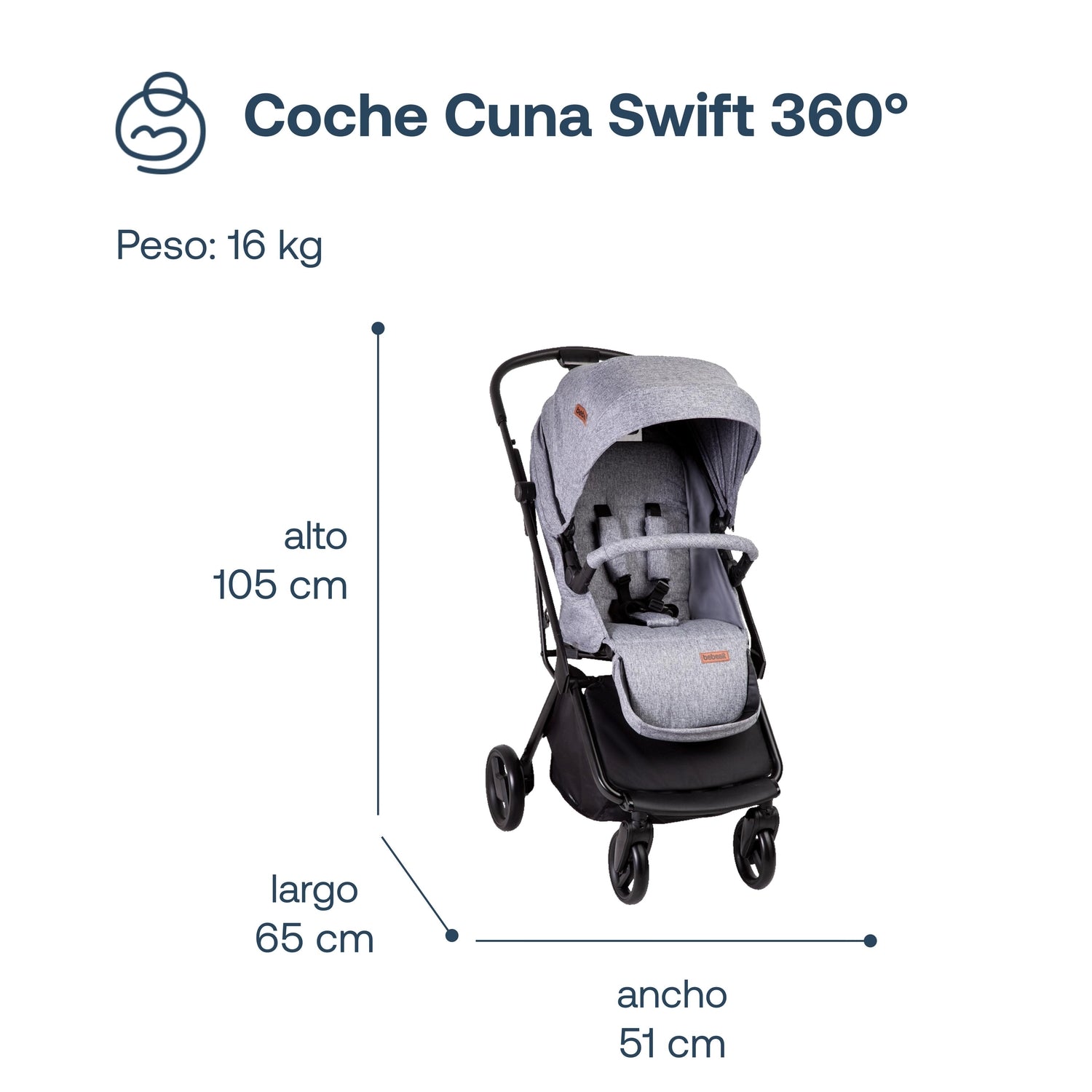 Coche Cuna travel system Swift 360 Gris