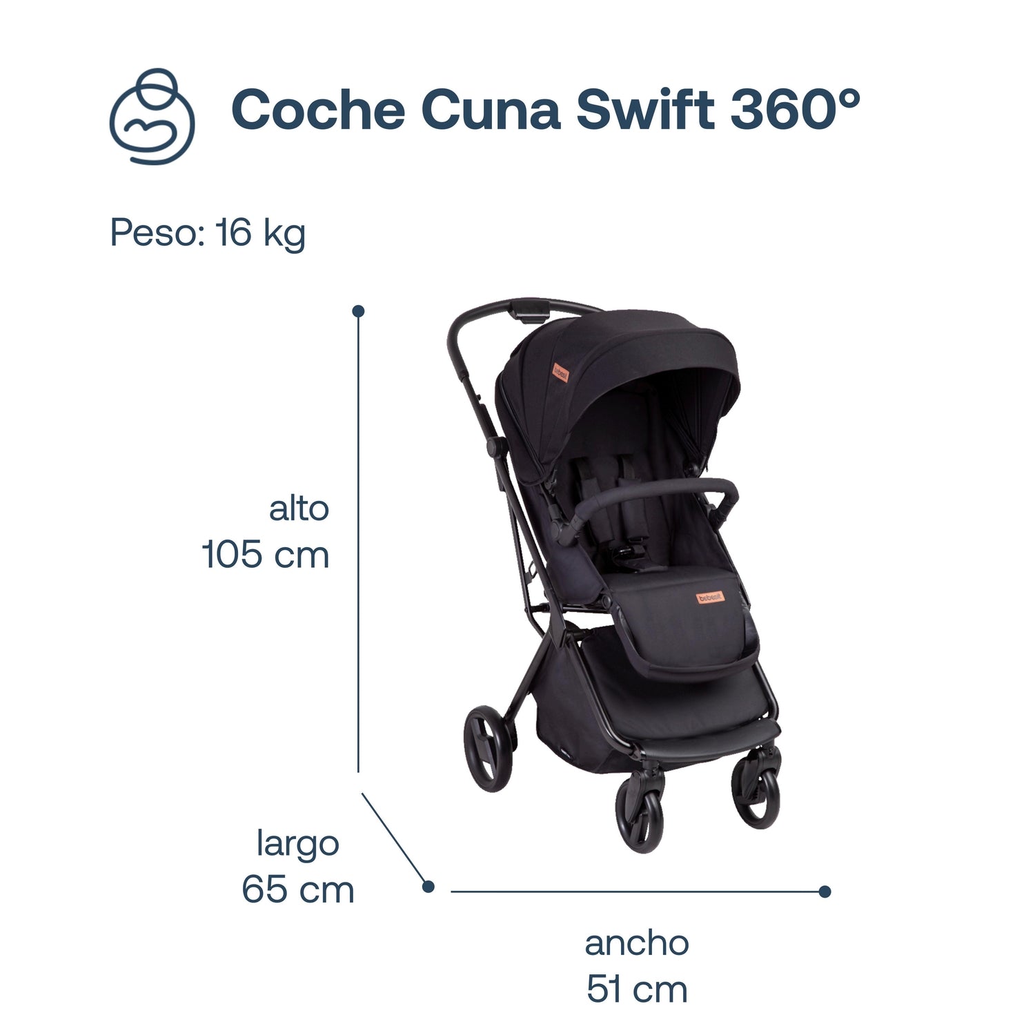 Coche Cuna travel system Swift 360 Negro