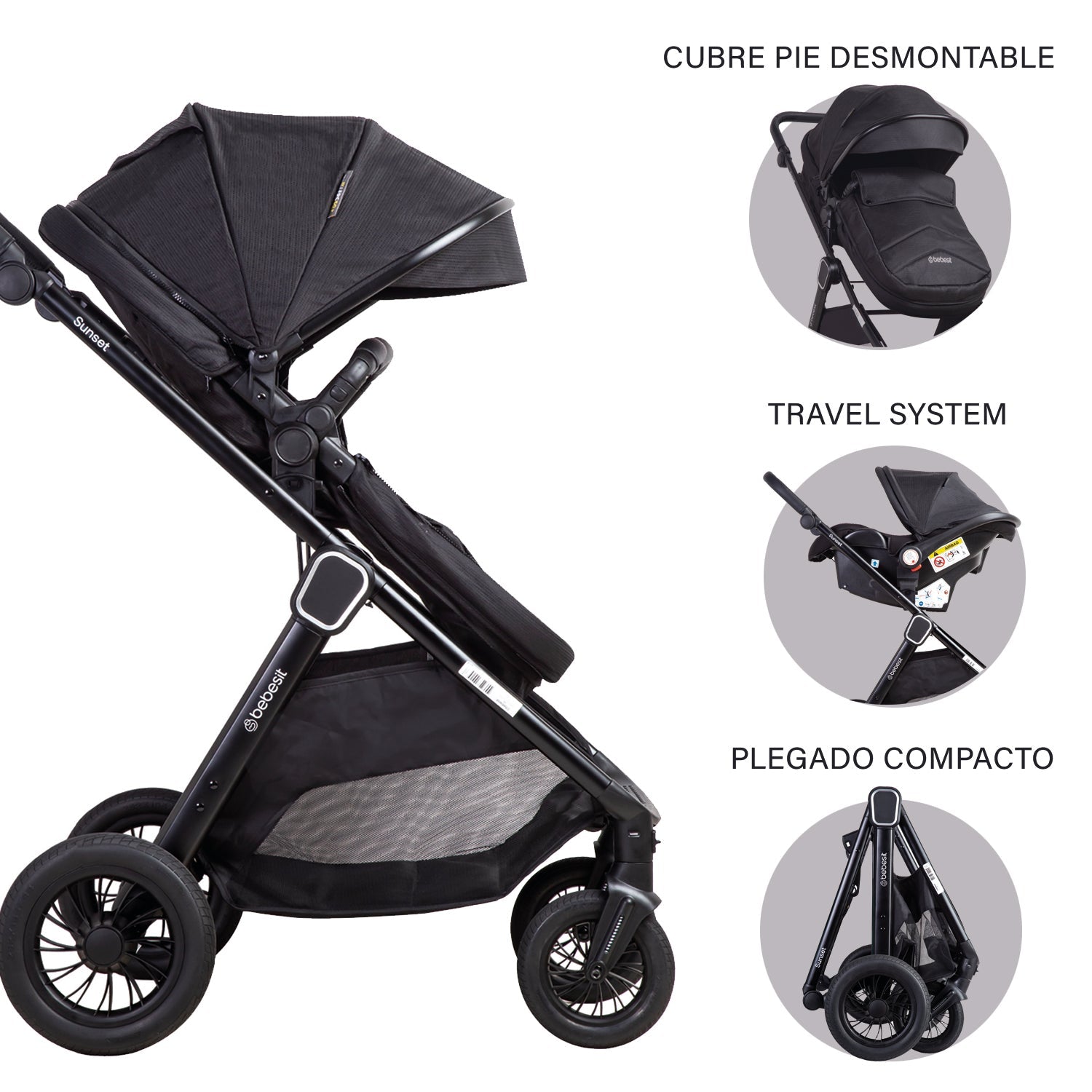 Coche Cuna Travel System Isofix Sunset Premium Negro Bebesit