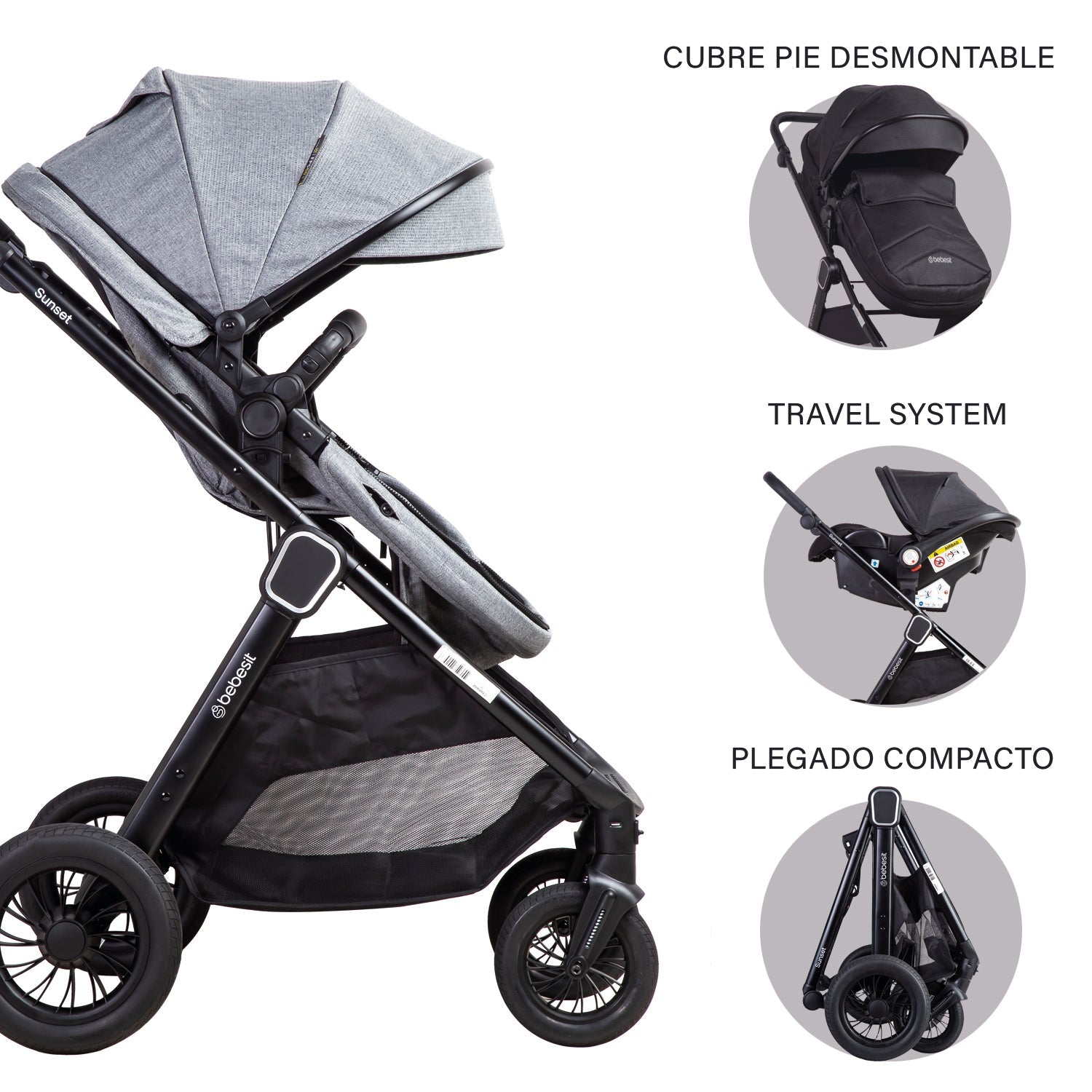 Coche Cuna Travel System Isofix Sunset Premium Gris Bebesit