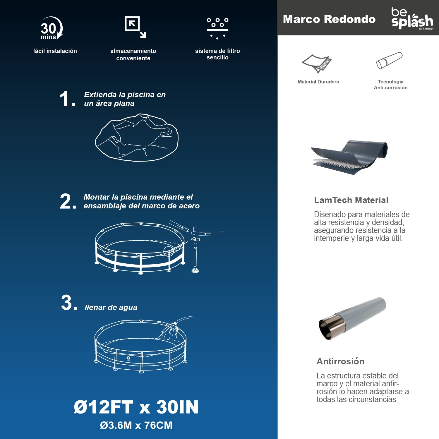 Piscina Estructural con Bomba y Cobertor 360x76cm BeSplash