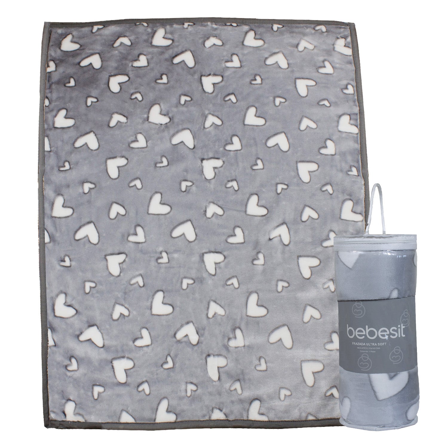 Frazada Ultra Soft Corazones 110x140cm Gris Bebesit