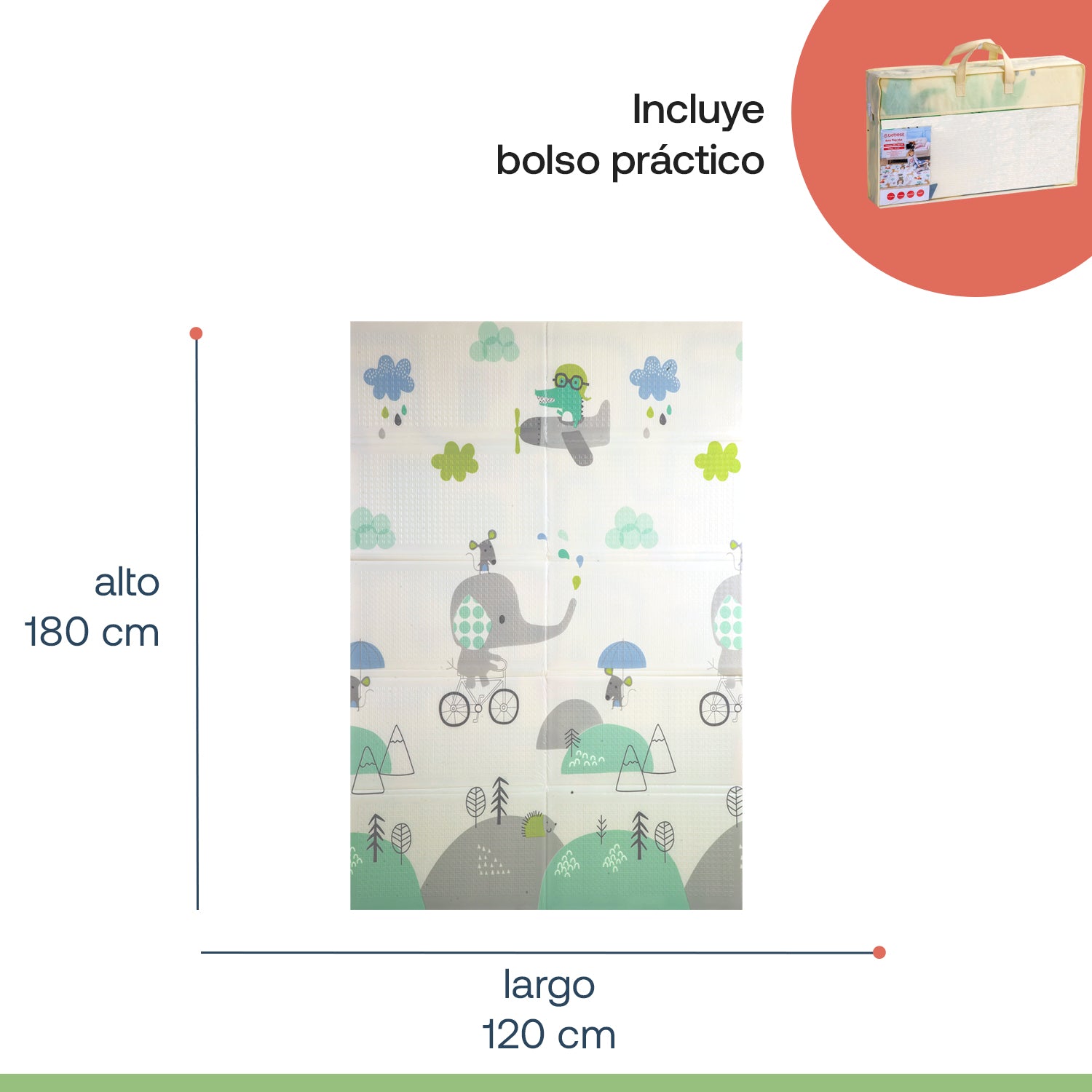 Alfombra Antigolpes Infantil Plegable con Bolso 180X120 Ciudad y Elefante