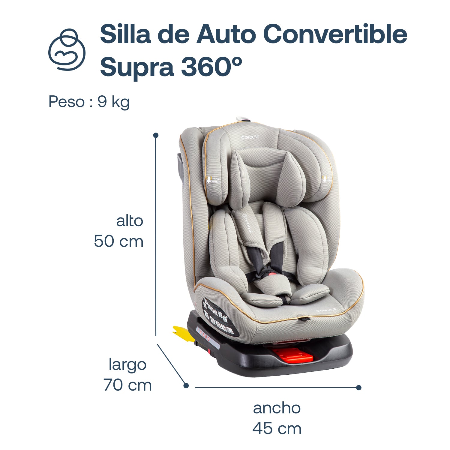 Silla de Auto Convertible 360° Isofix Supra Gris claro