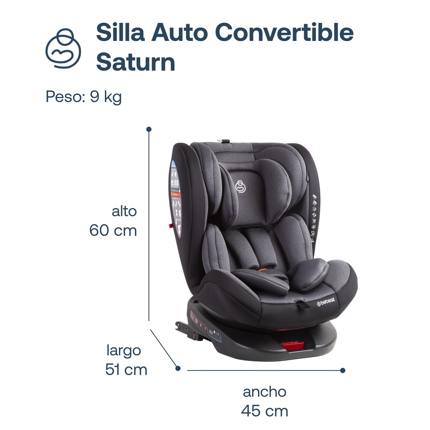 Silla de Auto Convertible 360° Isofix Saturn Gris