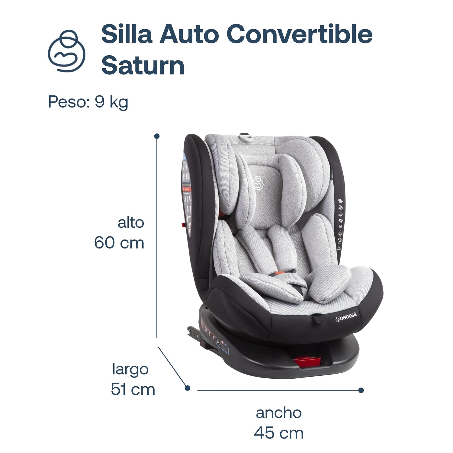 Silla de Auto Convertible 360° Isofix  Saturn Gris claro