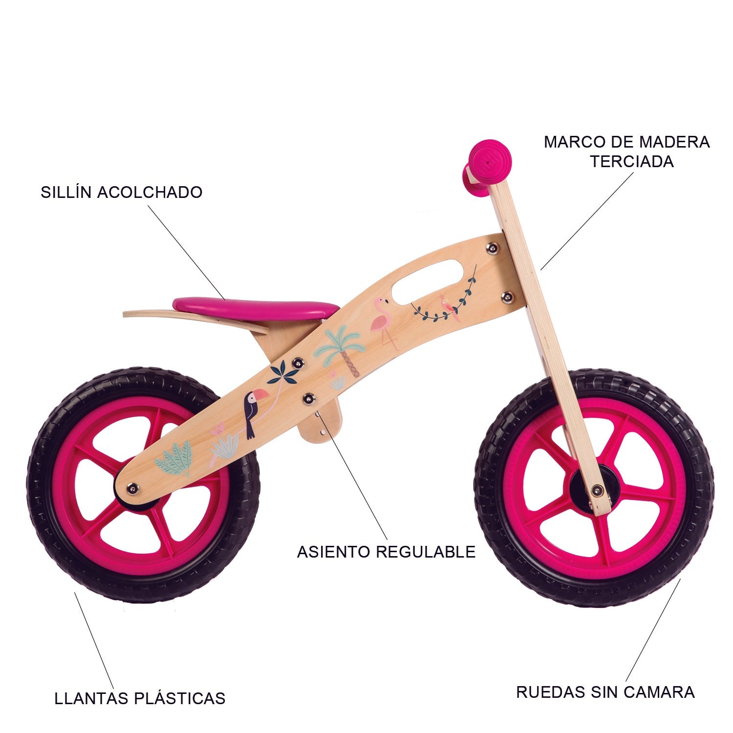 Balance Bike Bicicleta de Equilibrio Aprendizaje Madera Flamenco Rosa