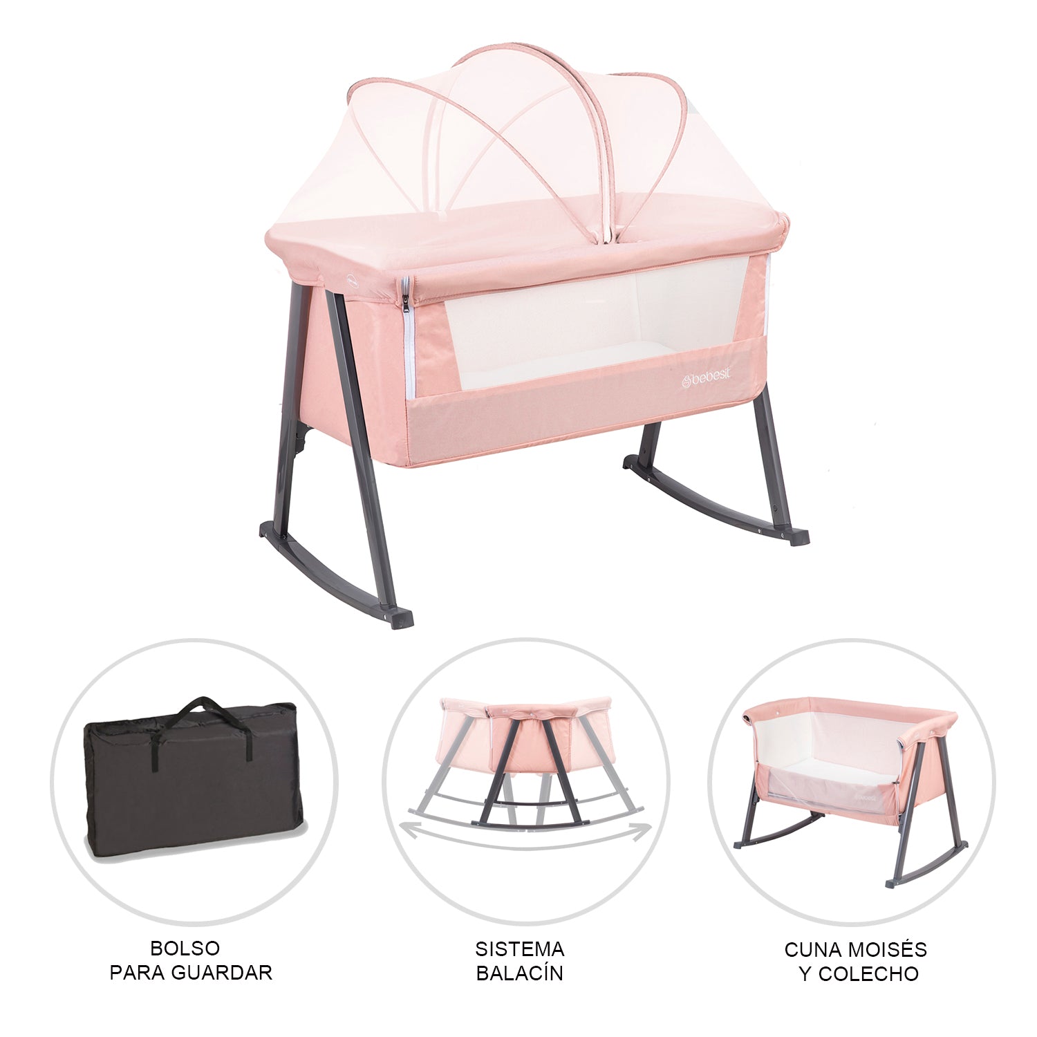 Cuna Moisés Balancín con Mosquitero Rosada Bebesit
