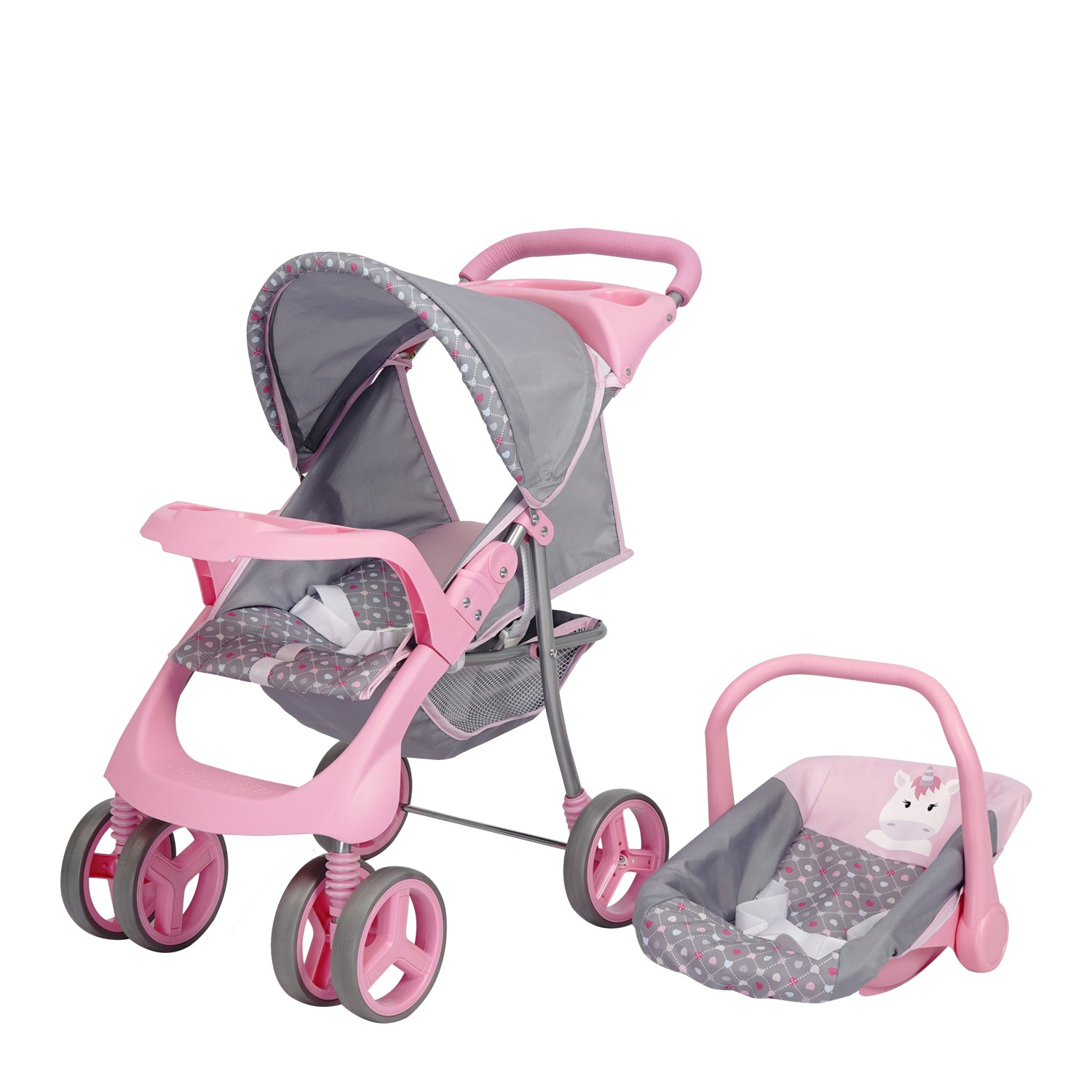 Coche Travel System de juguete para Muñeca + Silla de Comer + Cuna Unicornio Rosa