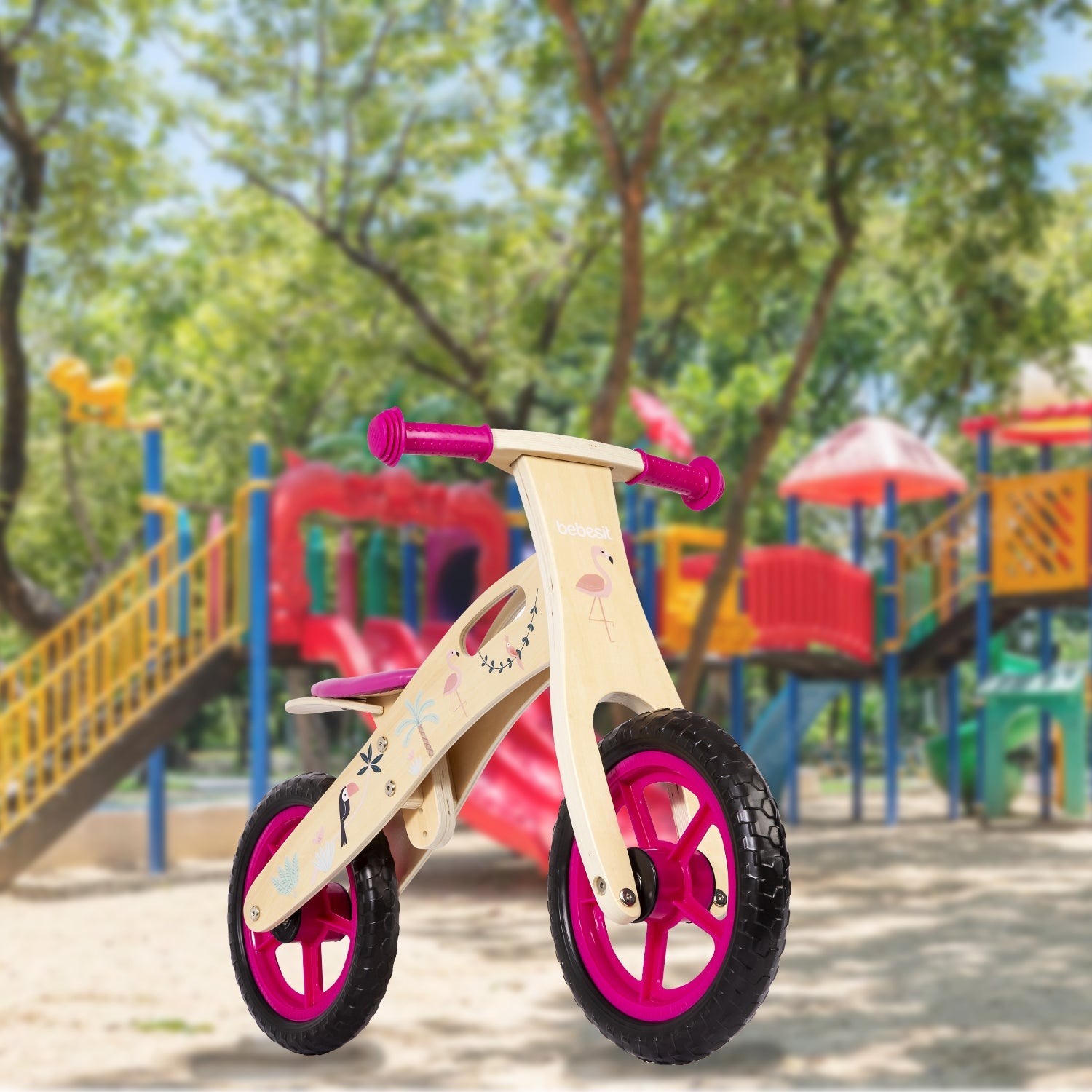 Balance Bike Bicicleta de Equilibrio Aprendizaje Madera Flamenco Rosa