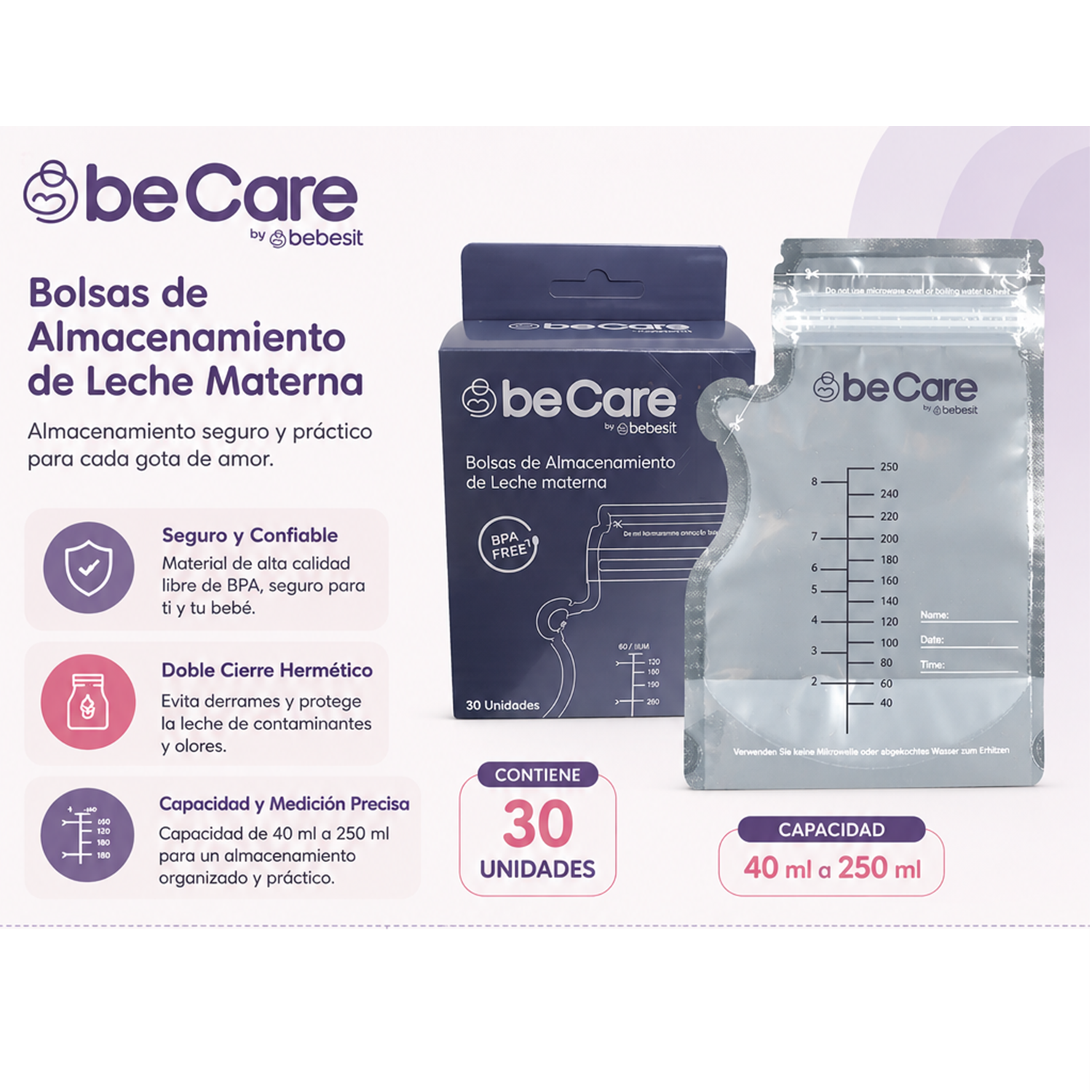 Pack 30 Bolsas Para almacenar Leche Materna 200 Ml Bebesit