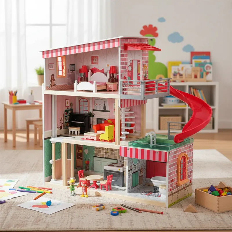 Casa de Muñecas + Muebles Madera Montessori  Bella