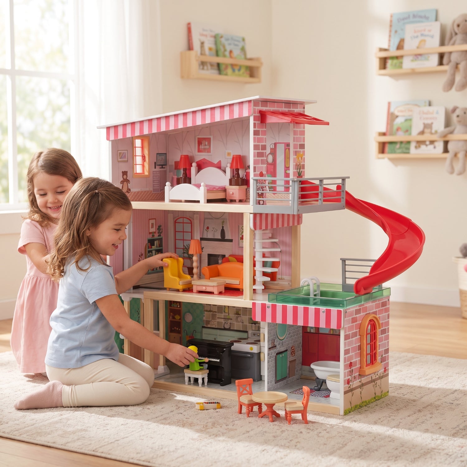 Casa de Muñecas + Muebles Madera Montessori  Bella