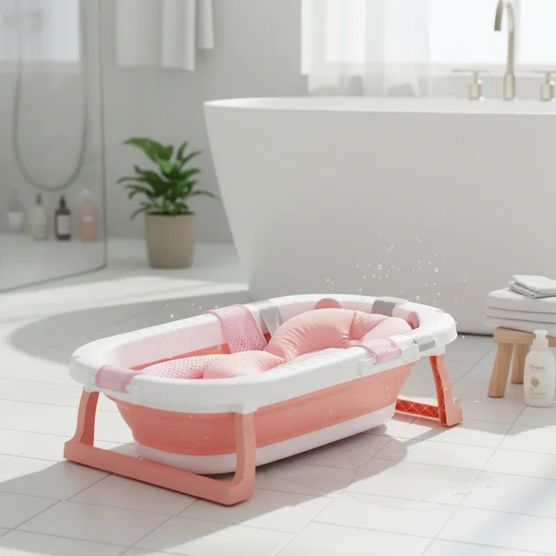 Bañera Plegable Bebe con Cojin Almohada y reductor Rosada