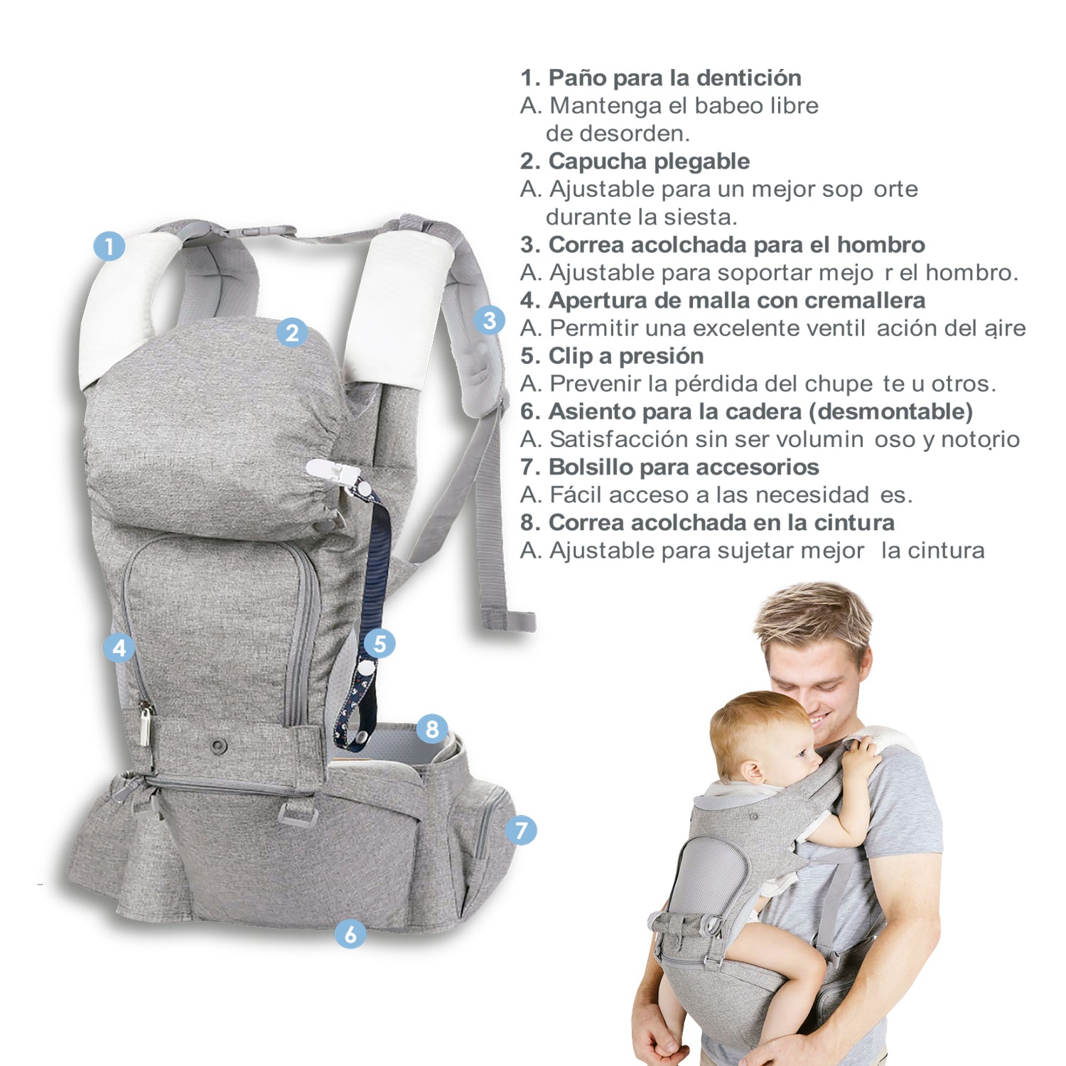 Porta Bebe Arnés con asiento cuidados cadera Hip Seat Gris