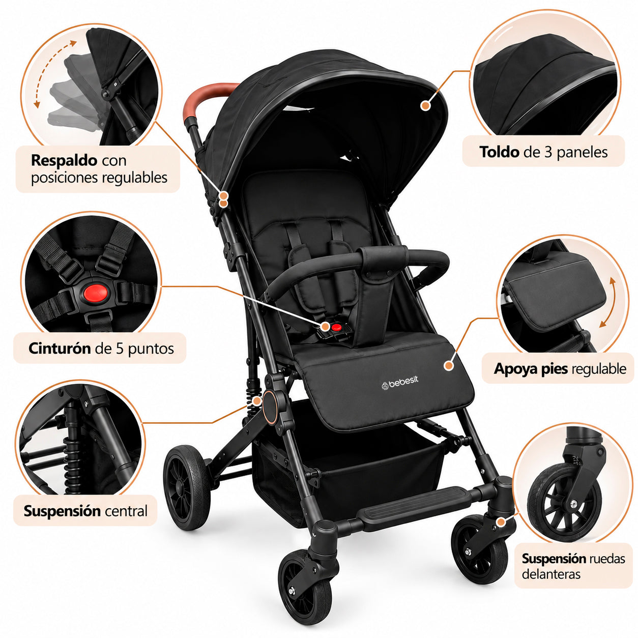 Coche Paseo Maleta Compacto ZIP Negro