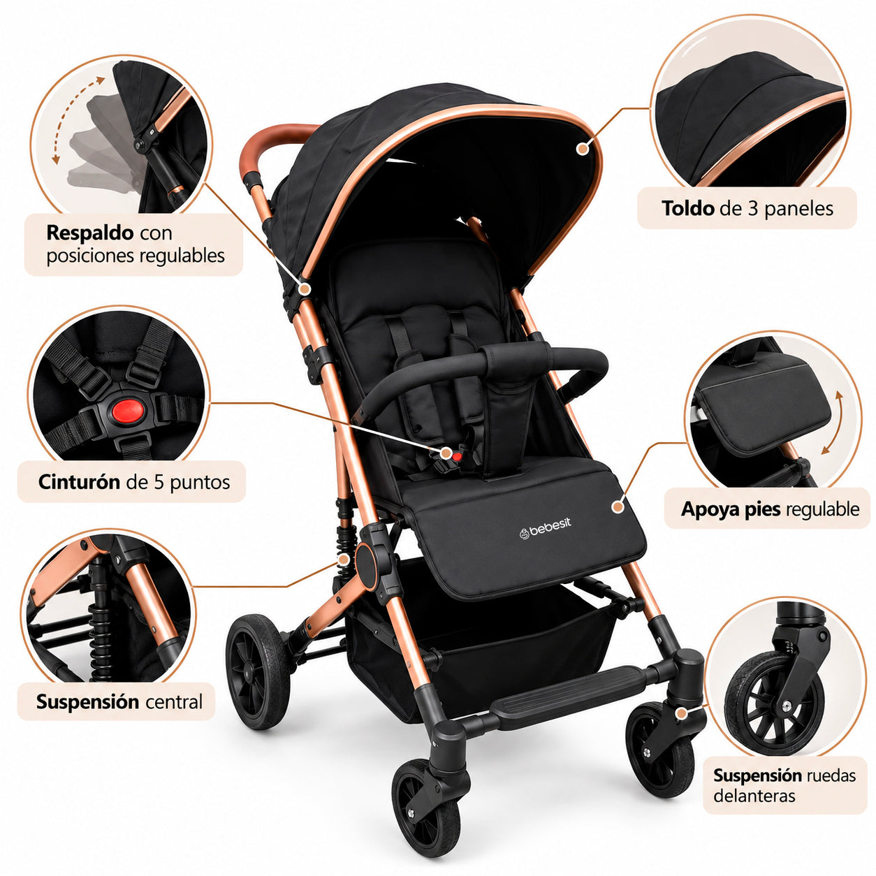 Coche Paseo Maleta Compacto ZIP Negro Dorado