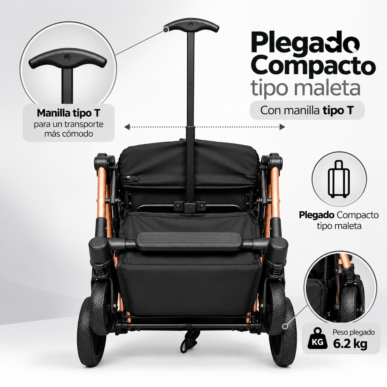 Coche Paseo Maleta Compacto ZIP Negro Dorado