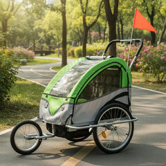 Carro arrastre trailer para bicicletas 2 niños BeRide Verde