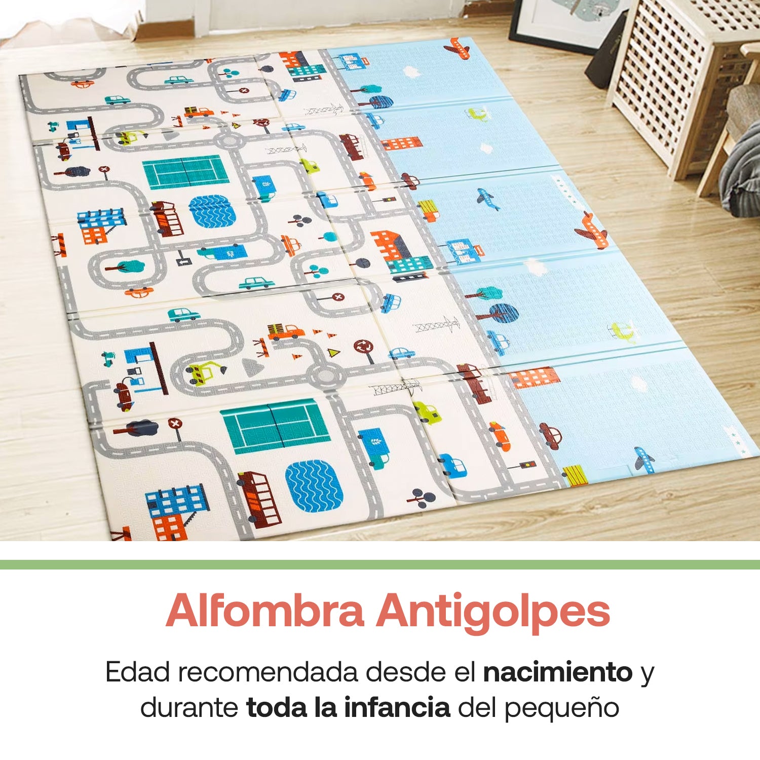 Alfombra Antigolpes Infantil Plegable con Bolso 180X120 Ciudad y Elefante