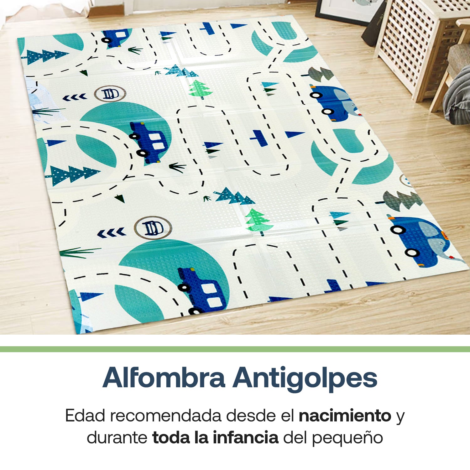 Alfombra Antigolpes Infantil Plegable con bolso 180X120 Auto y Jungla