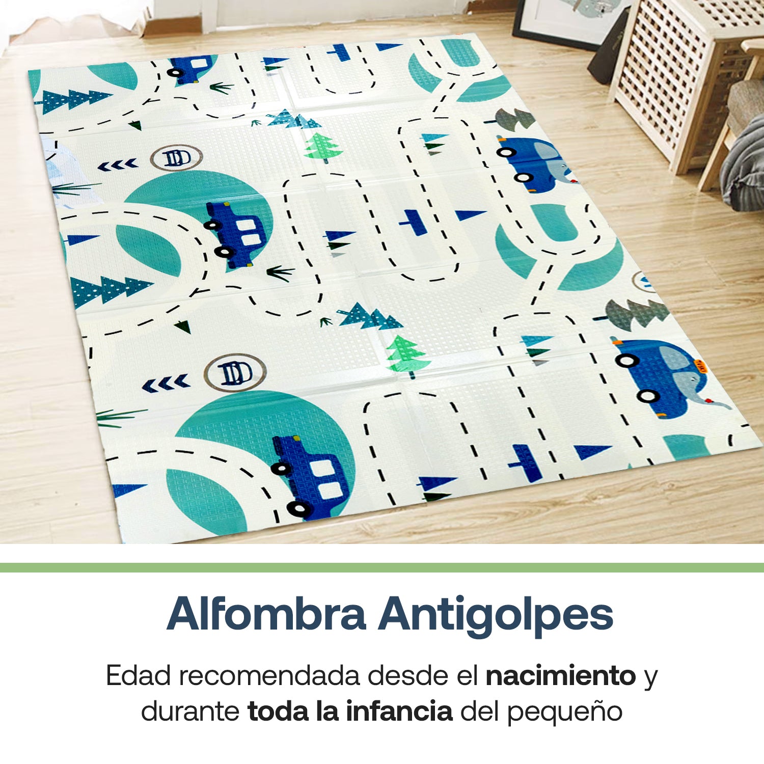 Alfombra Antigolpes Infantil Plegable con Bolso 180X200 Auto y Montaña