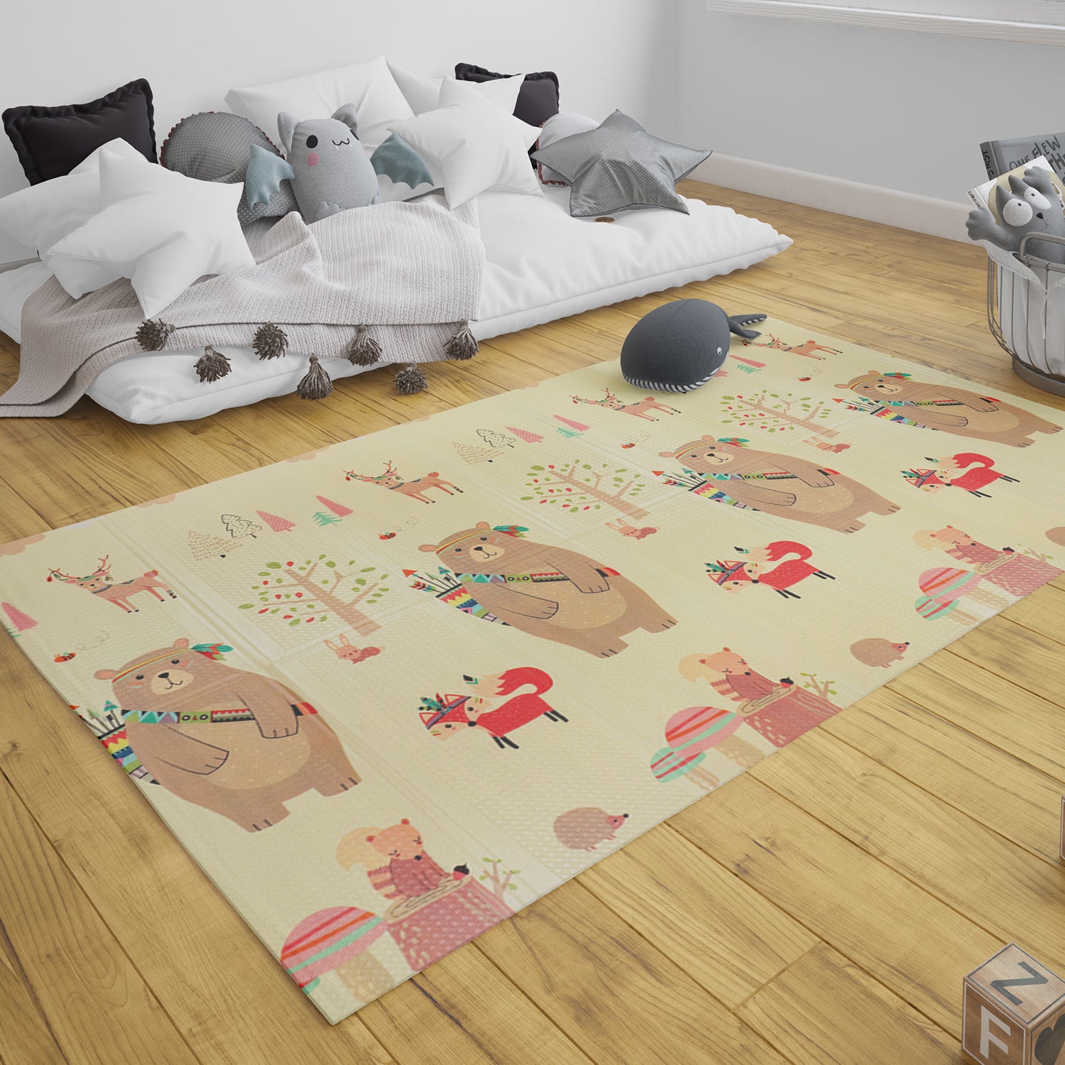 Alfombra Antigolpes Infantil Plegable con Bolso 180X200 Oso y Ciudad