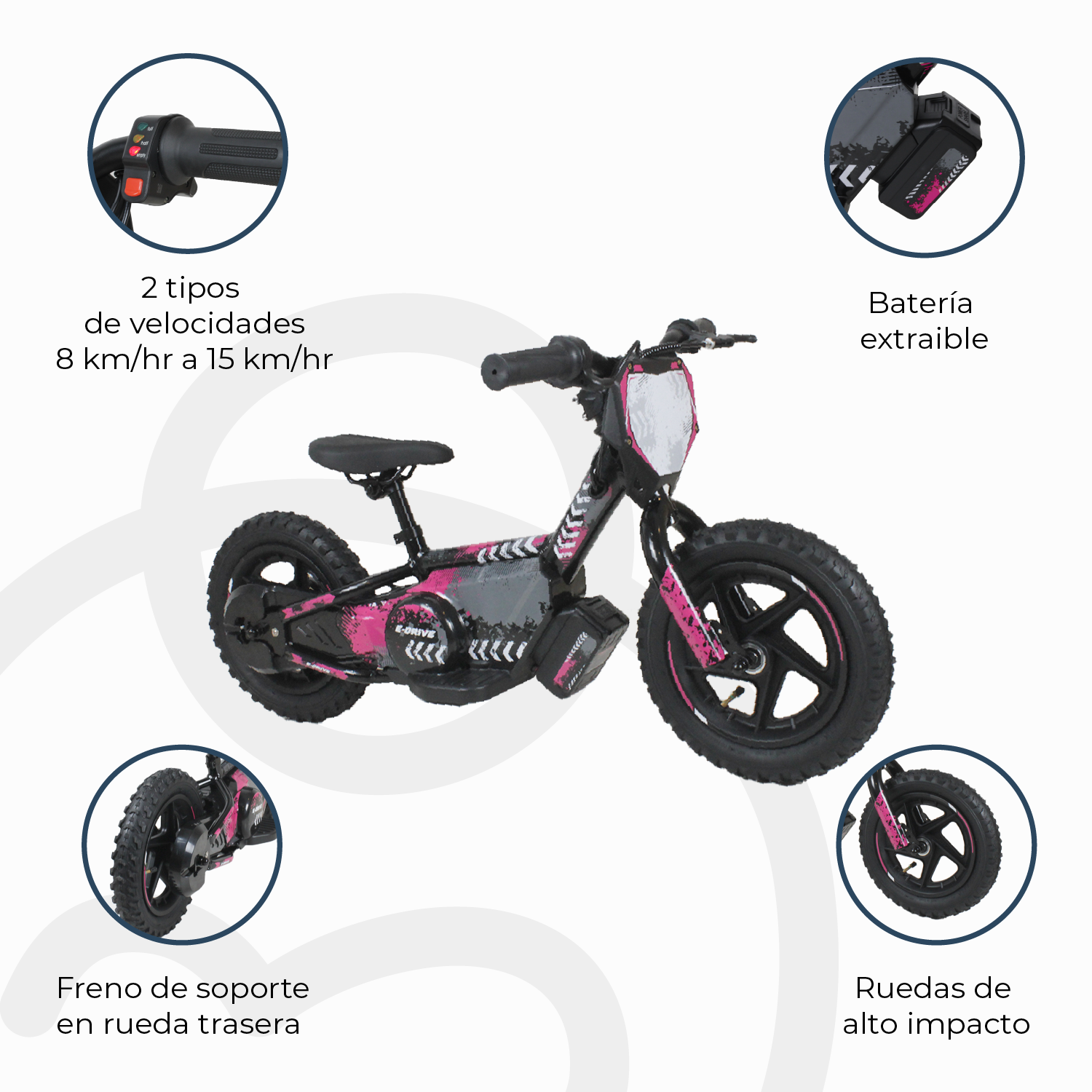 Bicicleta Moto Eléctrica E-Bike BeRide Aro 12 Rosada