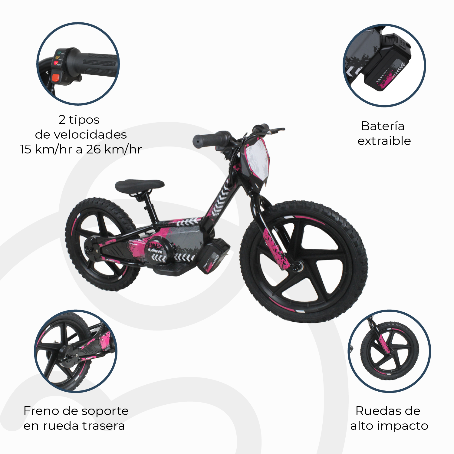 Bicicleta Moto Eléctrica E-Bike BeRide Aro 16 Rosada