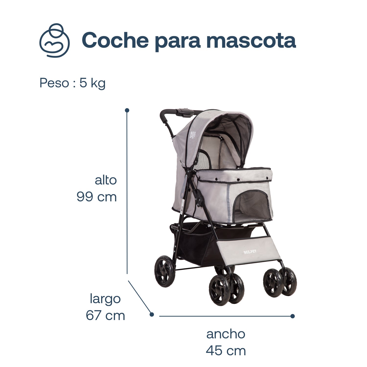 Coche Mascotas Plegable Pro Perro Gato Gris BeePet  by Bebesit