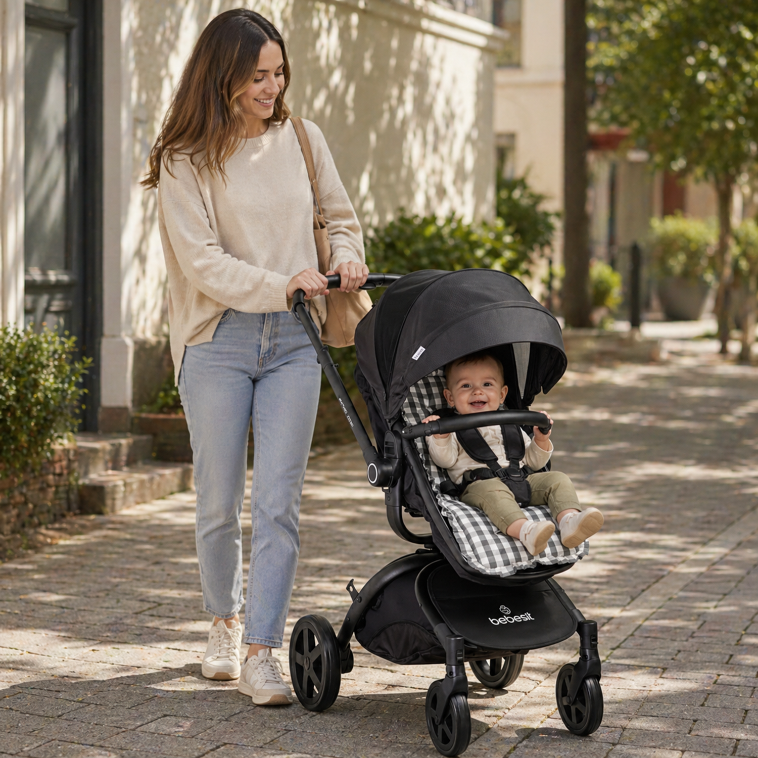 Cojín Universal Coche Paseo Diseño Cuadros Gris 40 x 80 cm