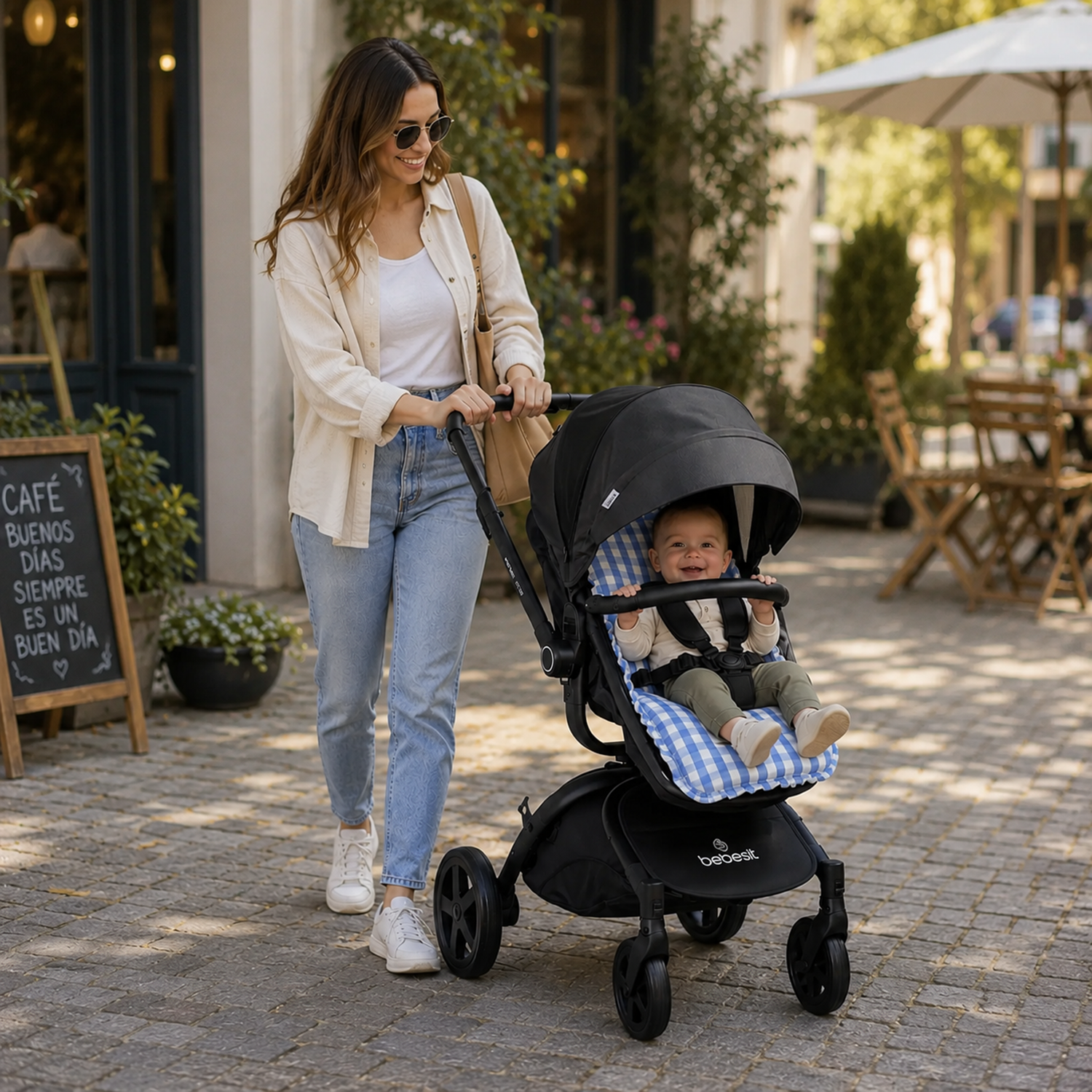 Cojín Universal Coche Paseo Diseño Cuadros Celeste 40 x80 cm