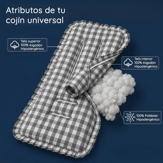 Cojín Universal Coche Paseo Diseño Cuadros Gris 40 x 80 cm