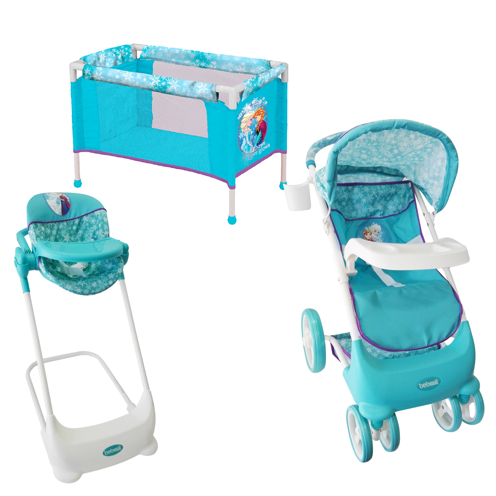 Juguete Coche Travel Muñeca, Cuna y Silla Comer Frozen