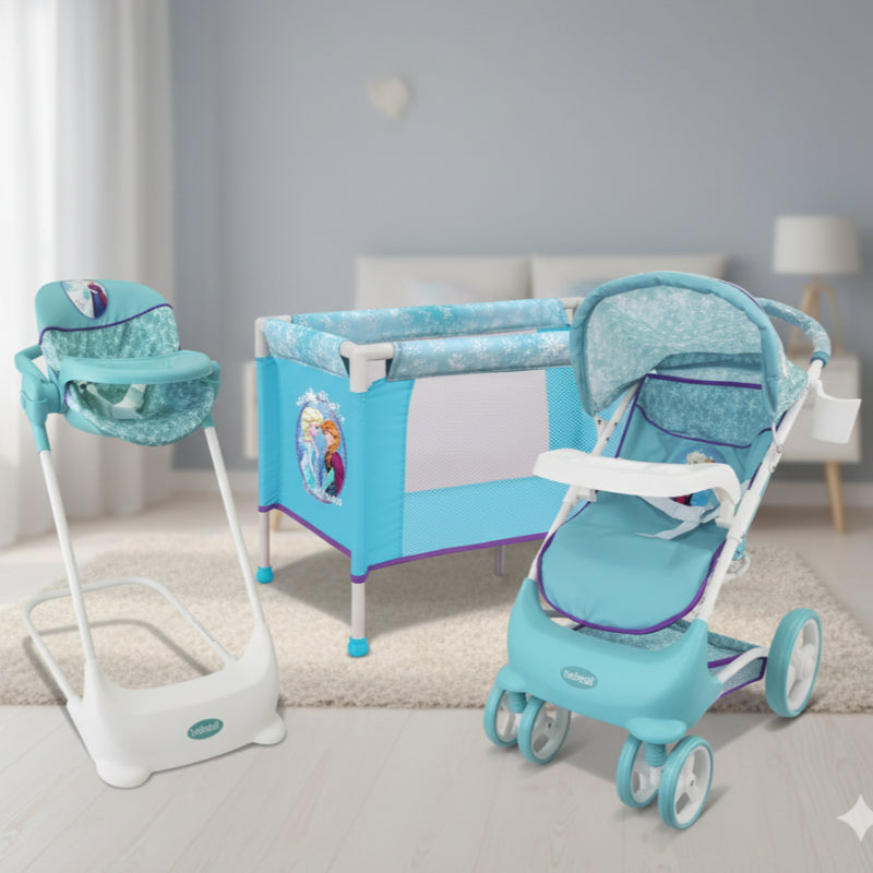 Juguete Coche Travel Muñeca, Cuna y Silla Comer Frozen