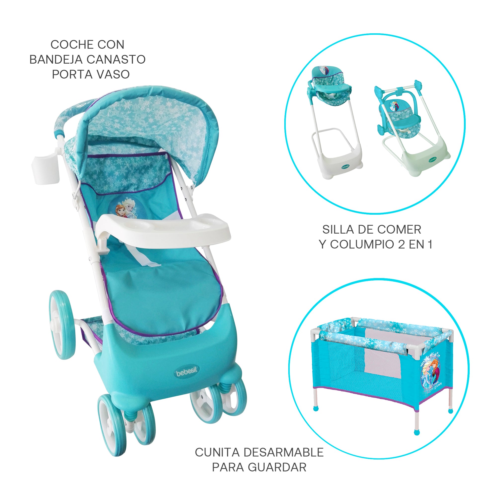 Juguete Coche Travel Muñeca, Cuna y Silla Comer Frozen