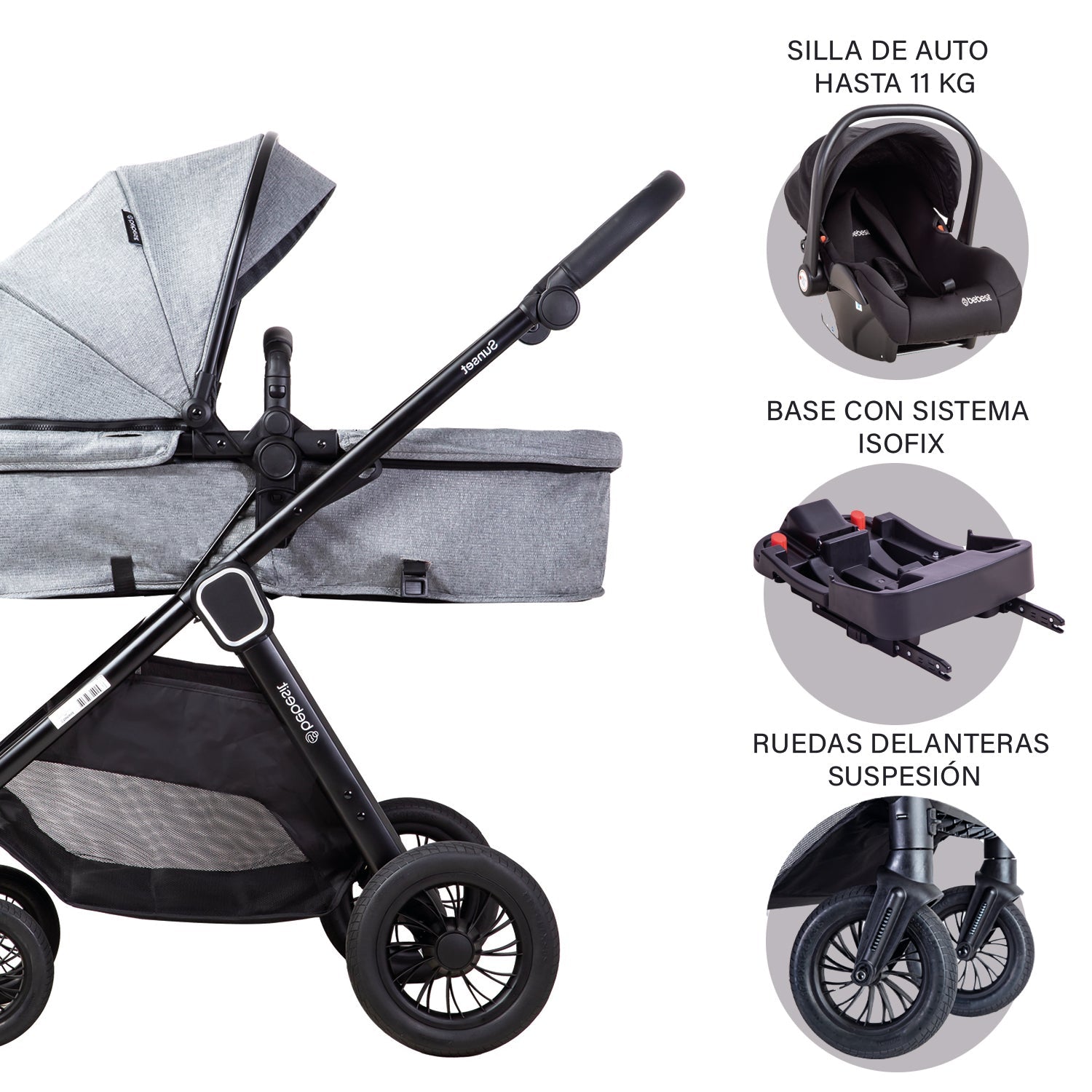 Coche Cuna Travel System Isofix Sunset Premium Gris Bebesit