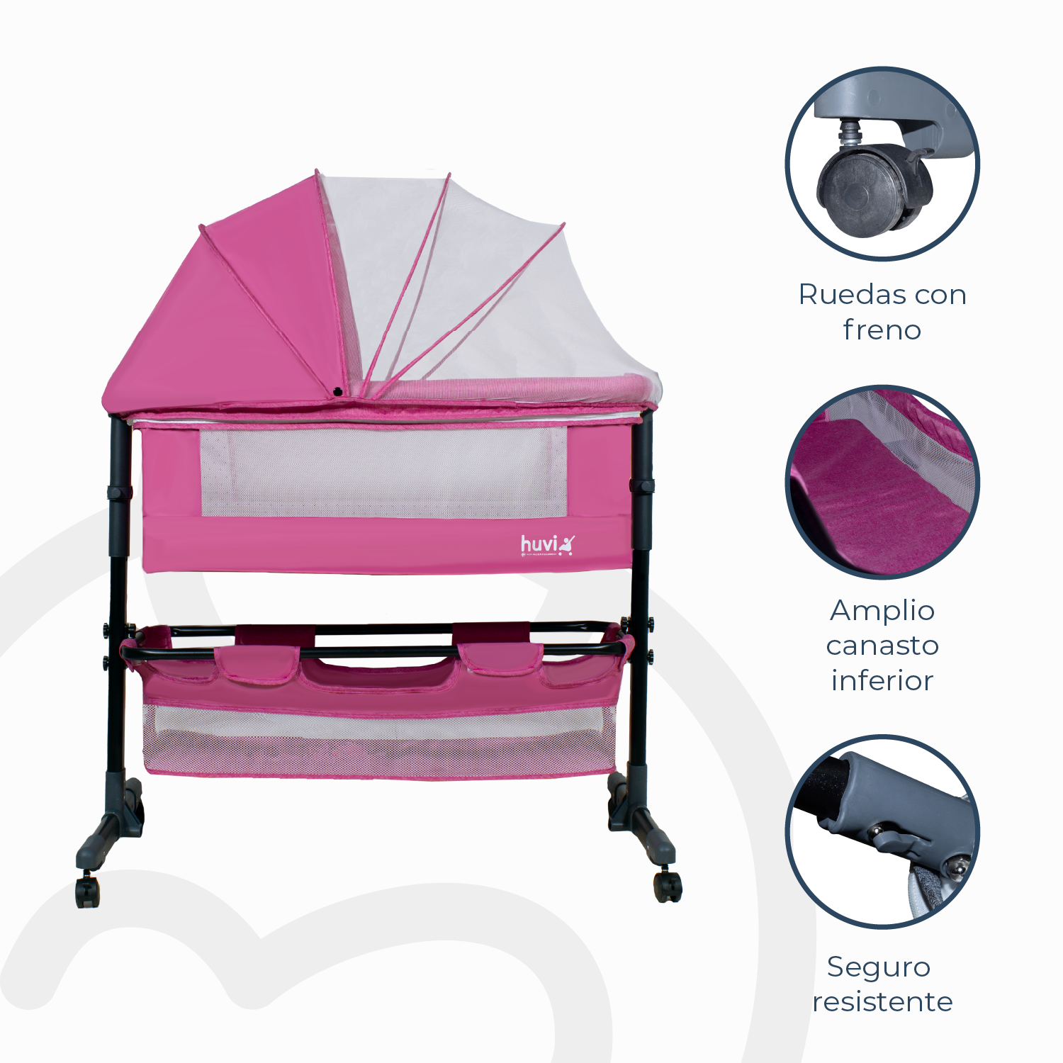 Cuna Colecho Cozy con Colchón Mosquitero y Canasto Rosa Huvi